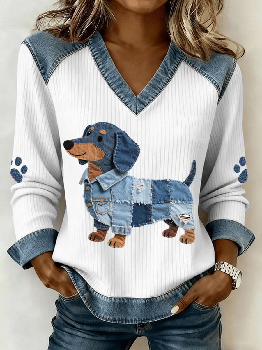 Dog Patchwork Sweater - Dachshund V-neck