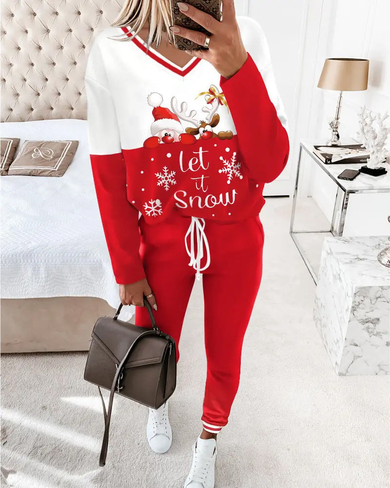 Casual Sports Set with V-Neck Christmas Print