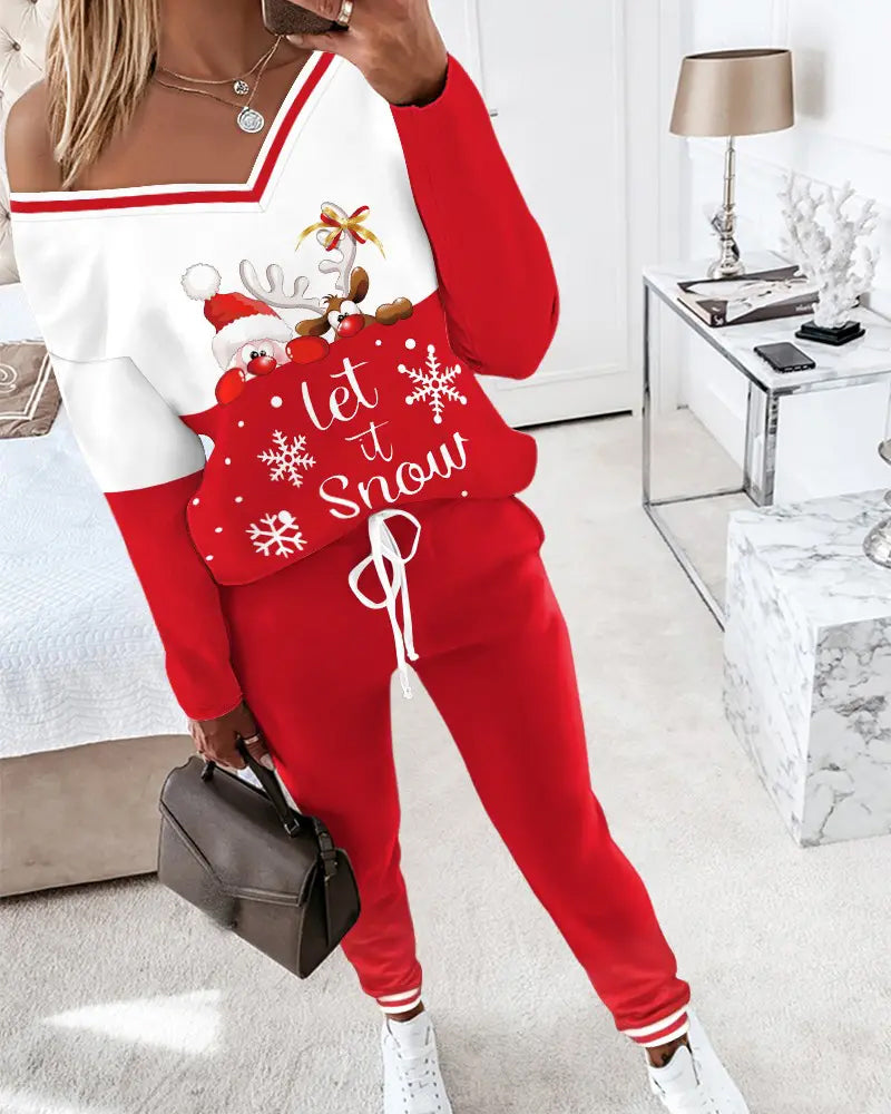 Casual Sports Set with V-Neck Christmas Print