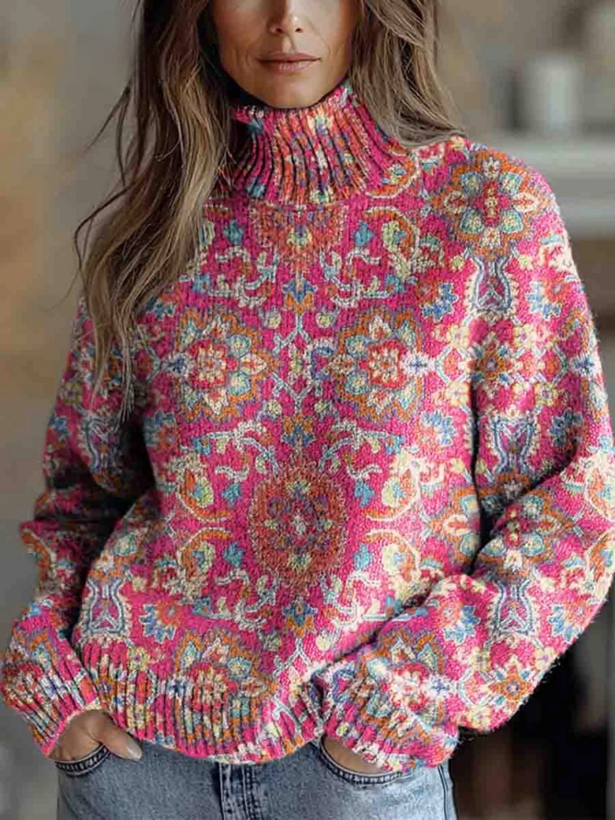 Retro Bohemian Floral Turtleneck