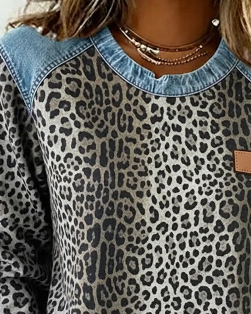 Leopard Print Patchwork Denim Trui