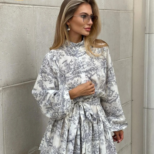 Parisian Print Lantern Sleeve Dress