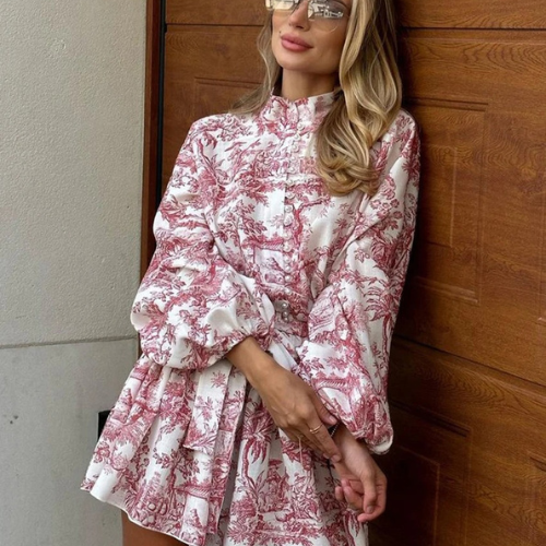 Parisian Print Lantern Sleeve Dress