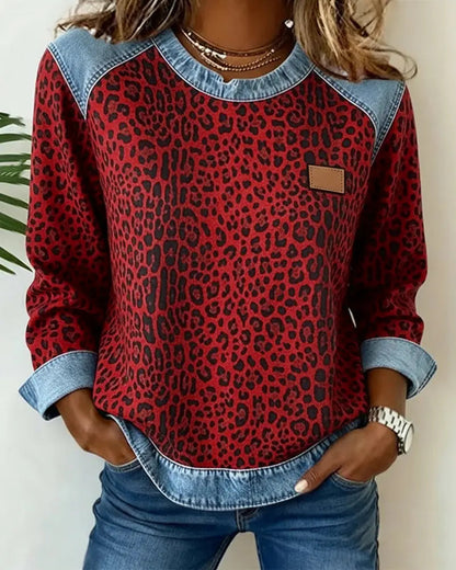 Leopard Print Patchwork Denim Trui