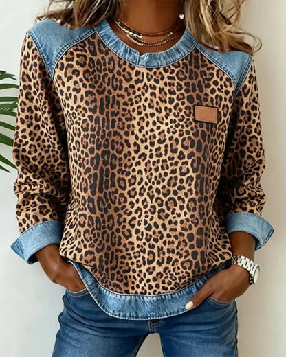 Leopard Print Patchwork Denim Trui