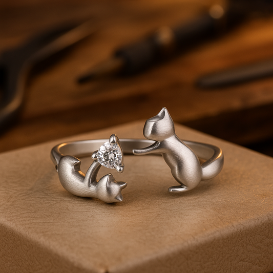 Adjustable sterling silver ring with a playful cat and zirconia.