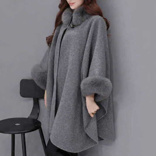 AMARA Cape Coat | Wool Blend with Oversized Faux-Fur Collar
