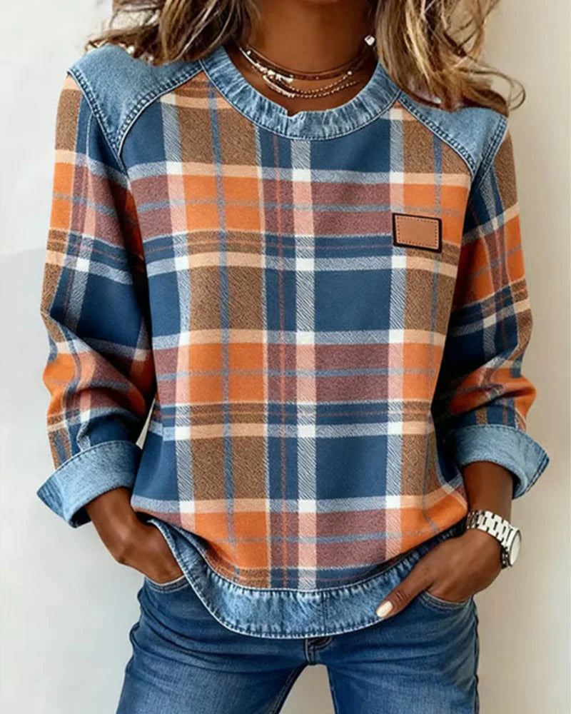Trendy Patchwork Plaid Sweatshirt