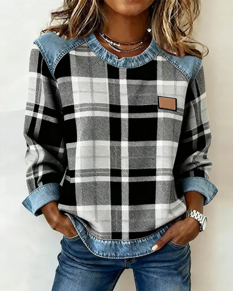 Trendy Patchwork Plaid Sweatshirt